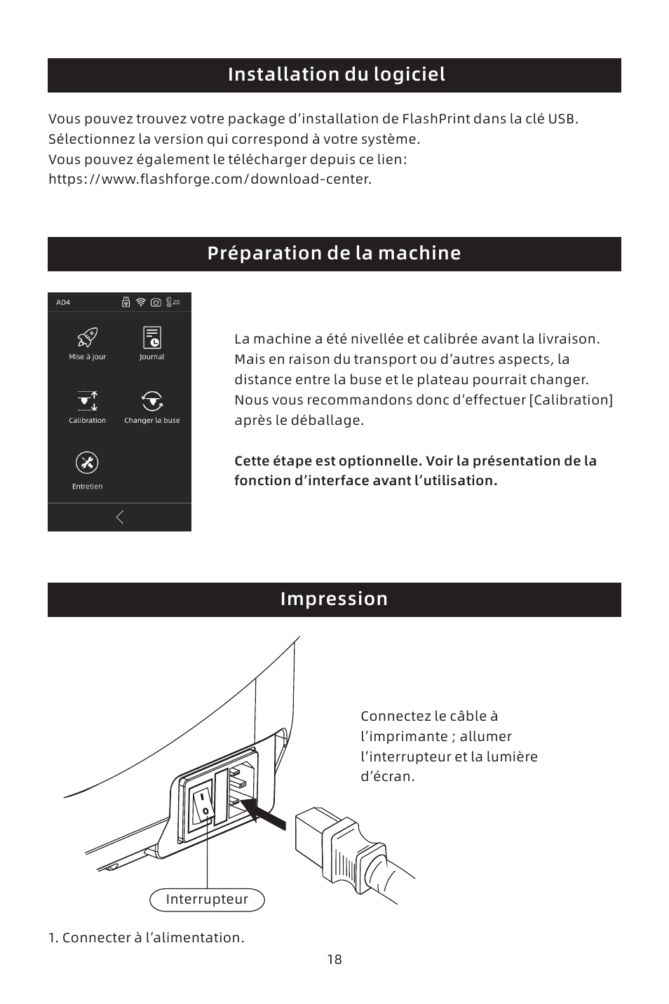 Installation du logiciel préparation de la machine, Impression | FlashForge Adventurer 4 3D Printer (FFF) User Manual | Page 20 / 28