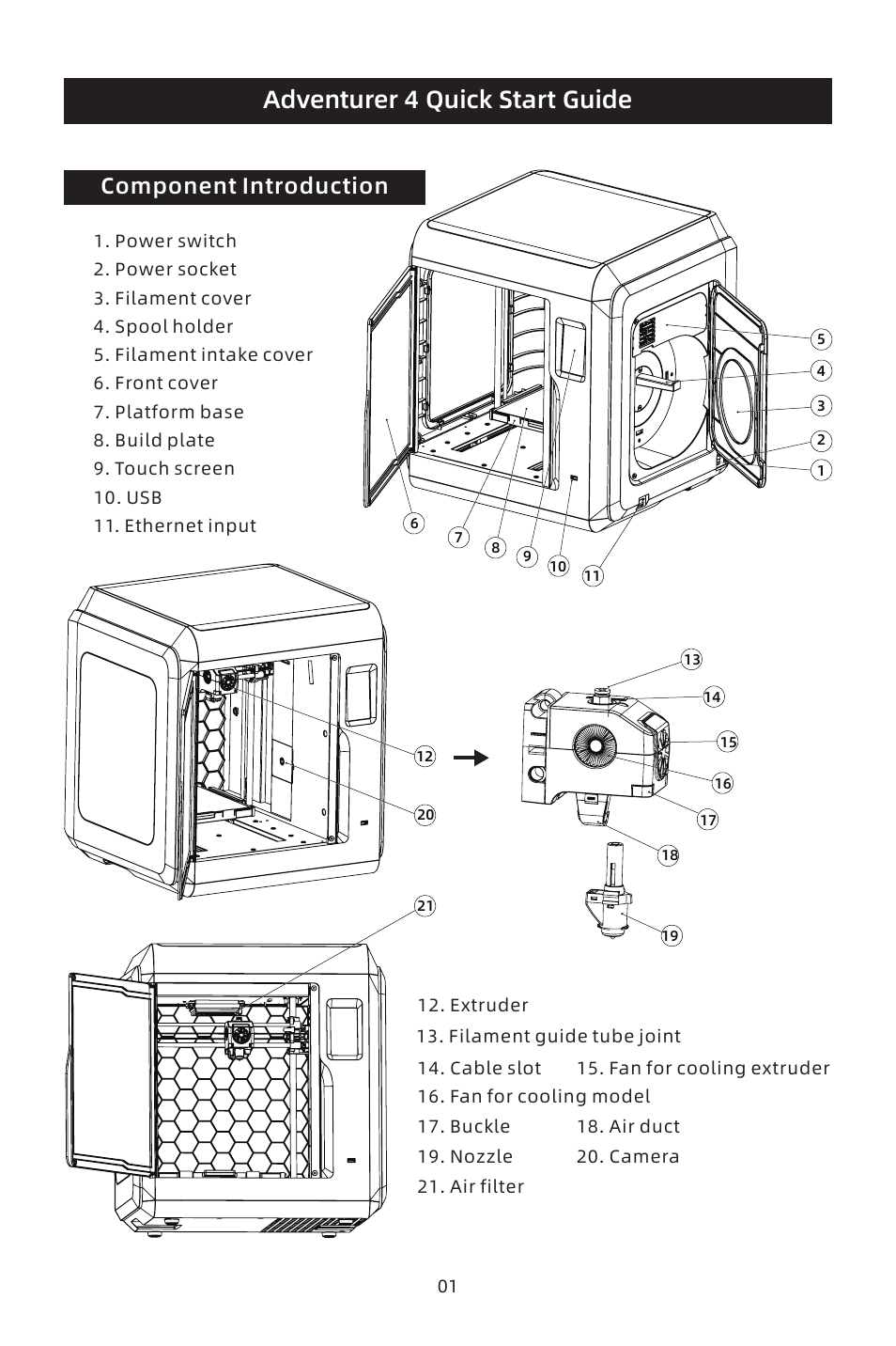 Adventurer 4 quick start guide, Component introduction | FlashForge Adventurer 4 3D Printer (FFF) User Manual | Page 3 / 28