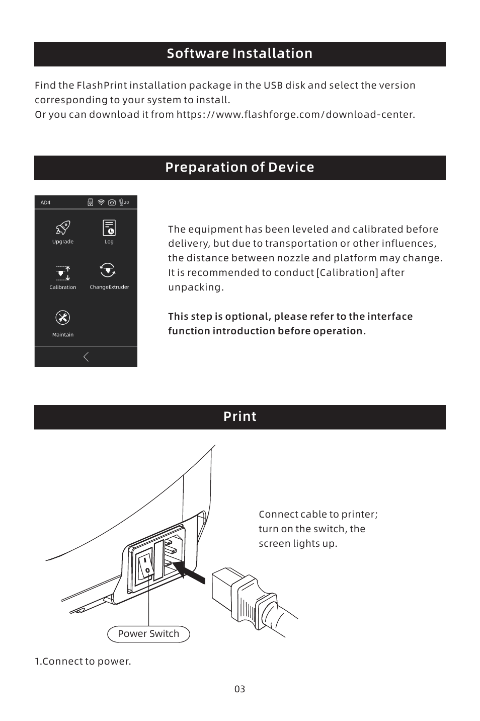 Software installation preparation of device, Print | FlashForge Adventurer 4 3D Printer (FFF) User Manual | Page 5 / 28