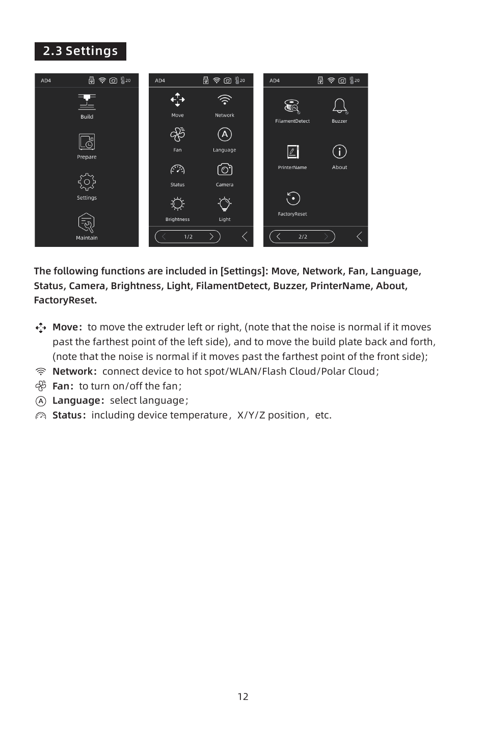 3 settings | FlashForge Adventurer 4 3D Printer (FFF) User Manual | Page 13 / 52