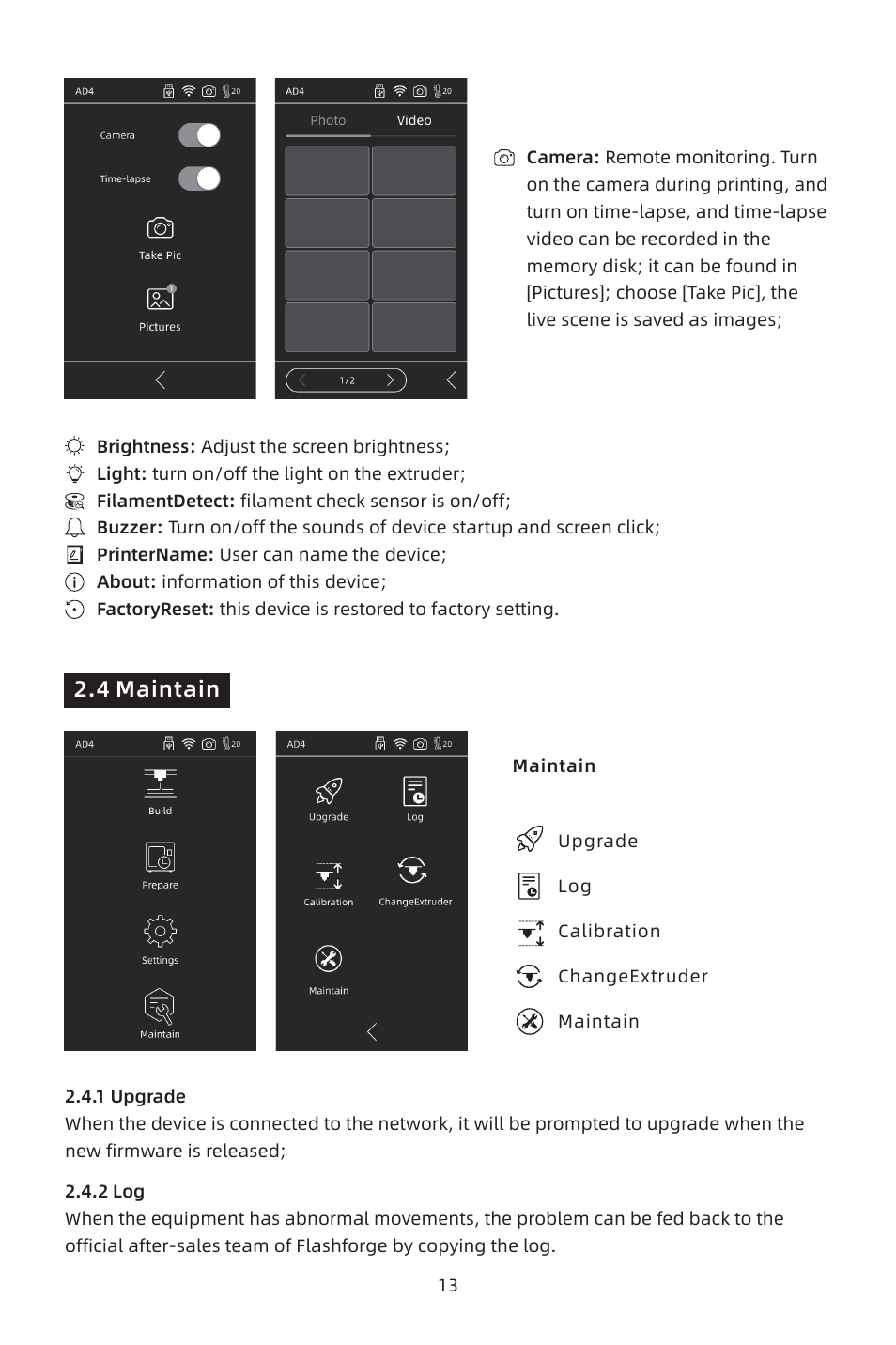 4 maintain | FlashForge Adventurer 4 3D Printer (FFF) User Manual | Page 14 / 52