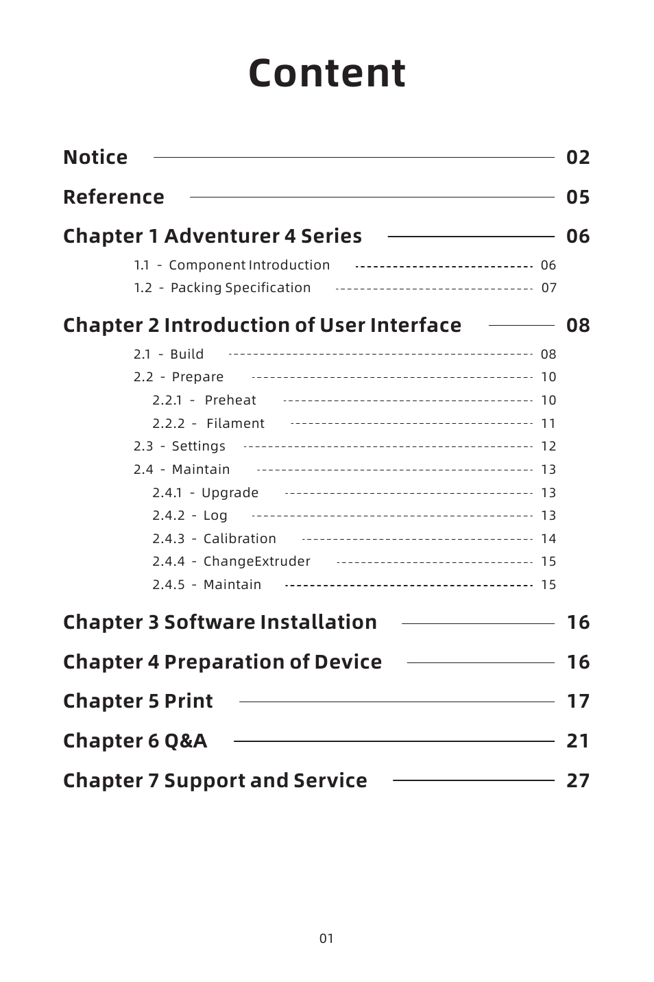 Content, Notice reference chapter 1 adventurer 4 series, Chapter 2 introduction of user interface | FlashForge Adventurer 4 3D Printer (FFF) User Manual | Page 2 / 52