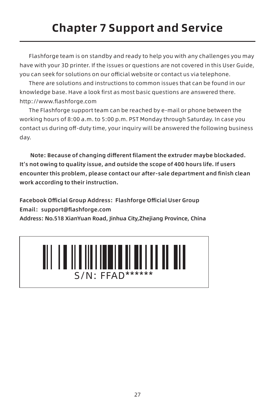 Chapter 7 support and service, S/n: ffad | FlashForge Adventurer 4 3D Printer (FFF) User Manual | Page 28 / 52