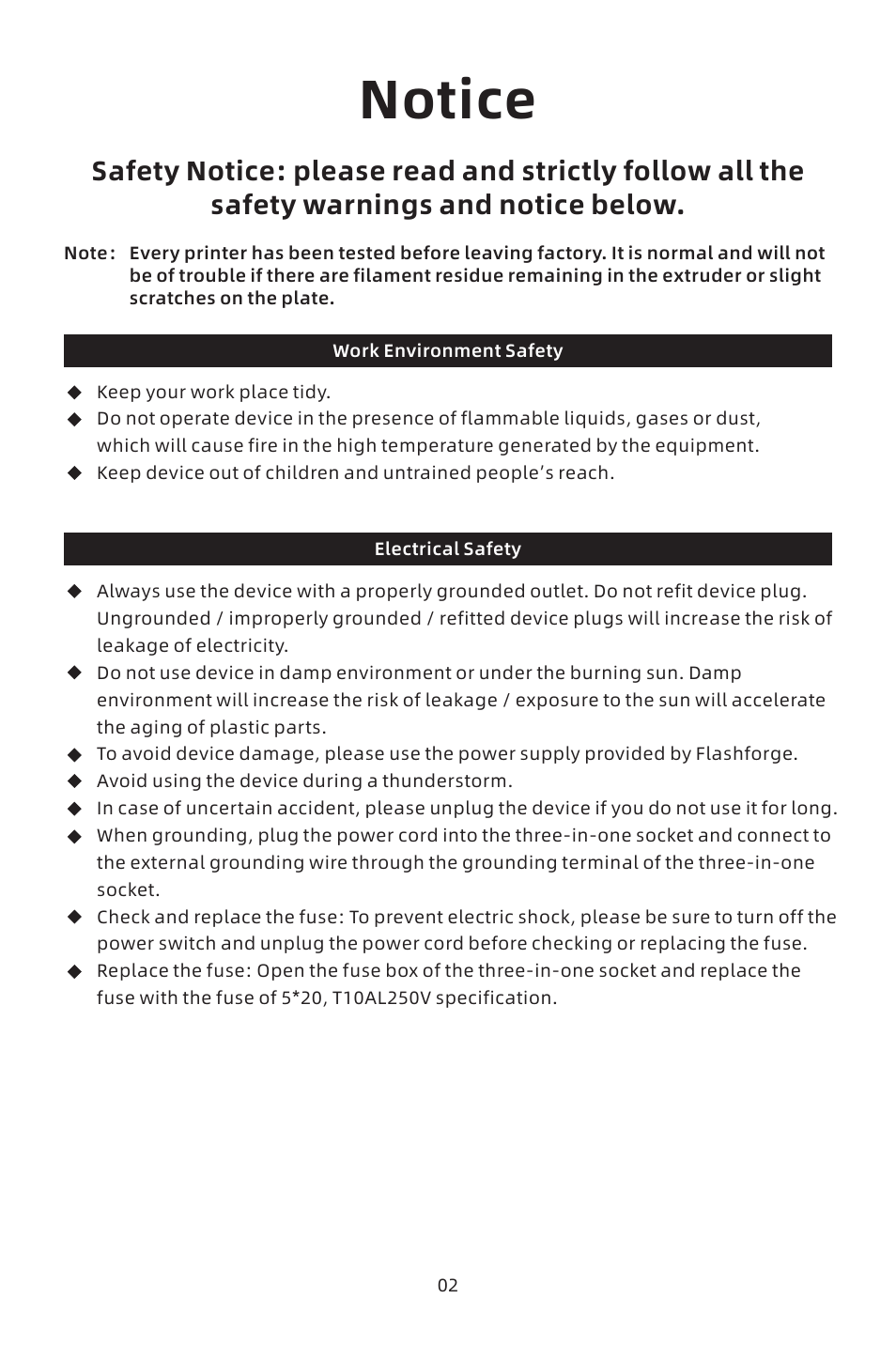 Notice | FlashForge Adventurer 4 3D Printer (FFF) User Manual | Page 3 / 52