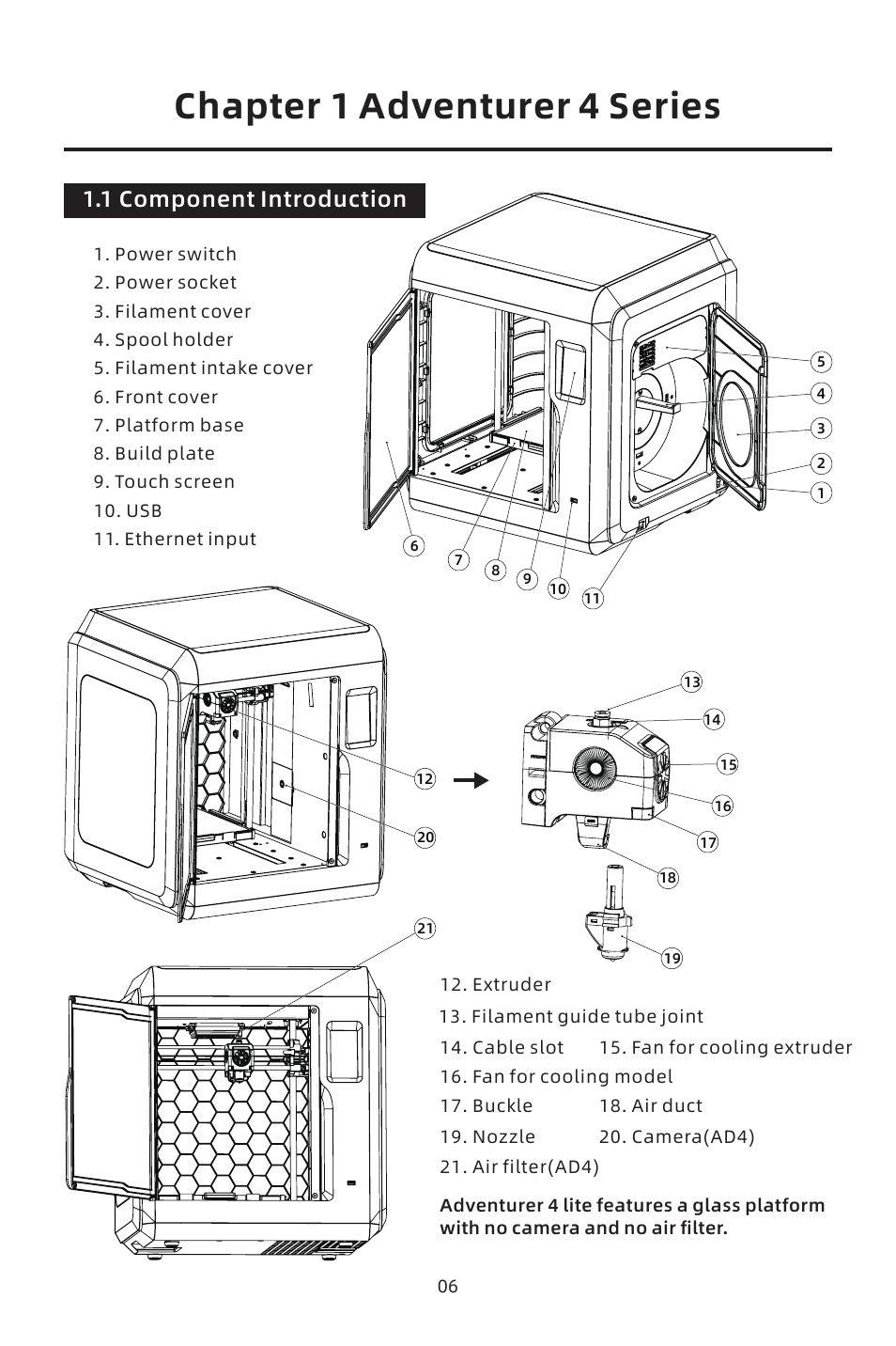 Chapter 1 adventurer 4 series, 1 component introduction | FlashForge Adventurer 4 3D Printer (FFF) User Manual | Page 7 / 52