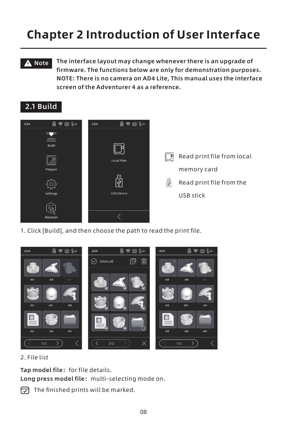 Chapter 2 introduction of user interface, 1 build | FlashForge Adventurer 4 3D Printer (FFF) User Manual | Page 9 / 52