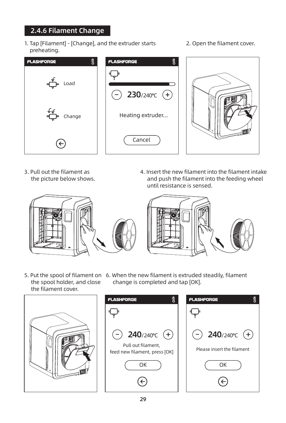 6 filament change | FlashForge Adventurer 3 Pro 2 3D Printer User Manual | Page 32 / 58