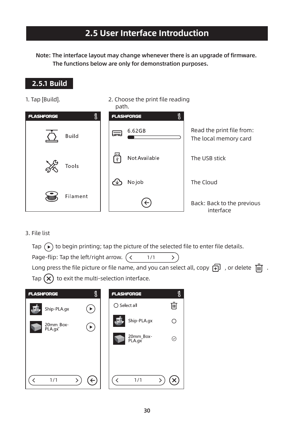 5 user interface introduction, 1 build | FlashForge Adventurer 3 Pro 2 3D Printer User Manual | Page 33 / 58