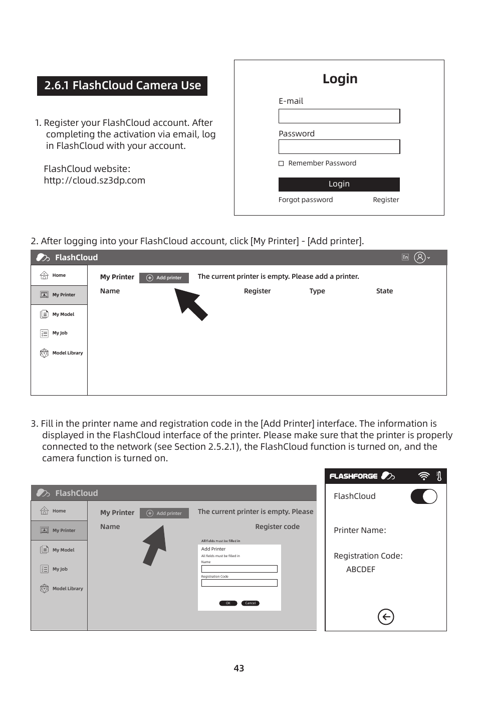 Login, 1 flashcloud camera use | FlashForge Adventurer 3 Pro 2 3D Printer User Manual | Page 46 / 58