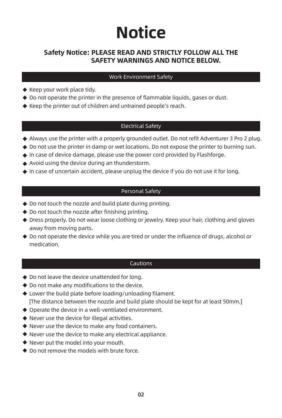 Notice | FlashForge Adventurer 3 Pro 2 3D Printer User Manual | Page 5 / 58