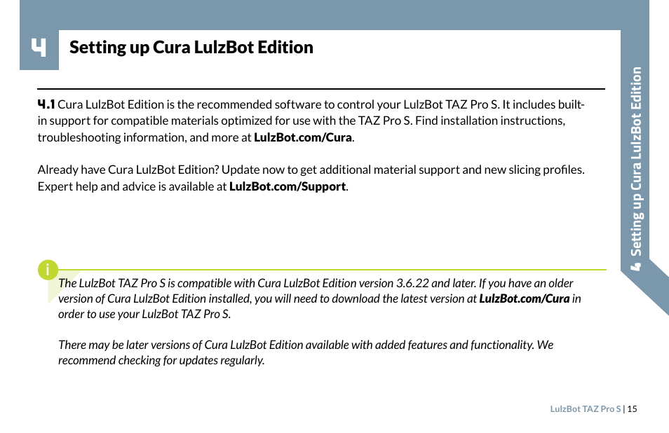 Setting up cura lulzbot edition | LulzBot TAZ Pro S 3D Printer User Manual | Page 17 / 48