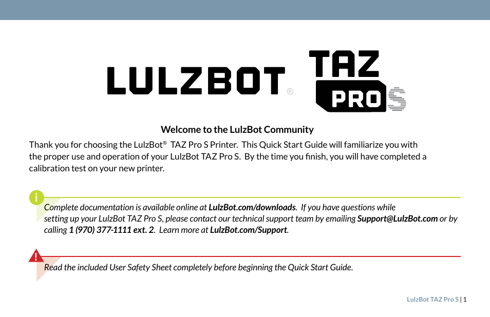 Lulzbot | LulzBot TAZ Pro S 3D Printer User Manual | Page 3 / 48