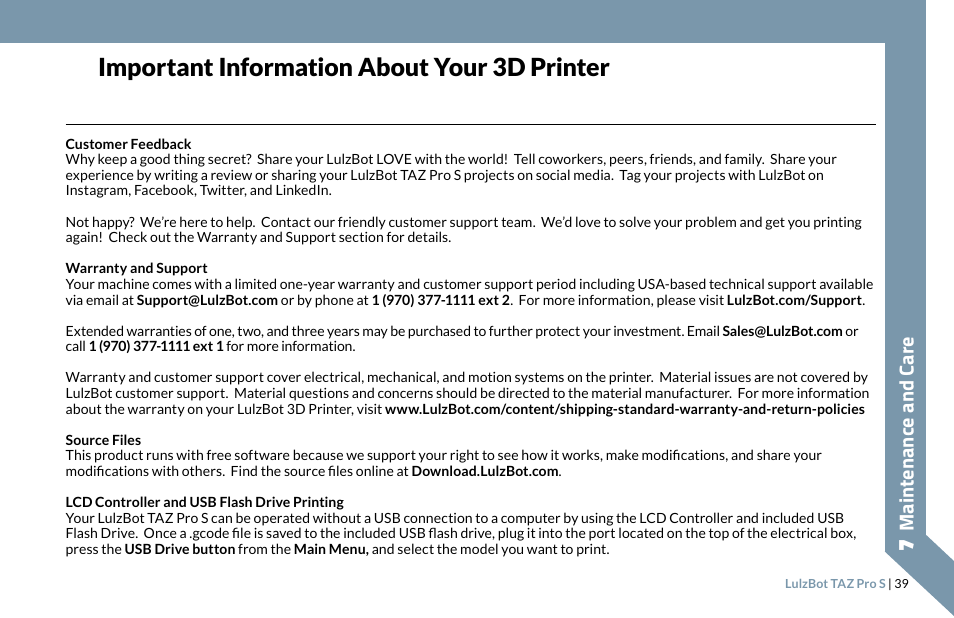 Important information about your 3d printer, Maintenanc e and care | LulzBot TAZ Pro S 3D Printer User Manual | Page 41 / 48