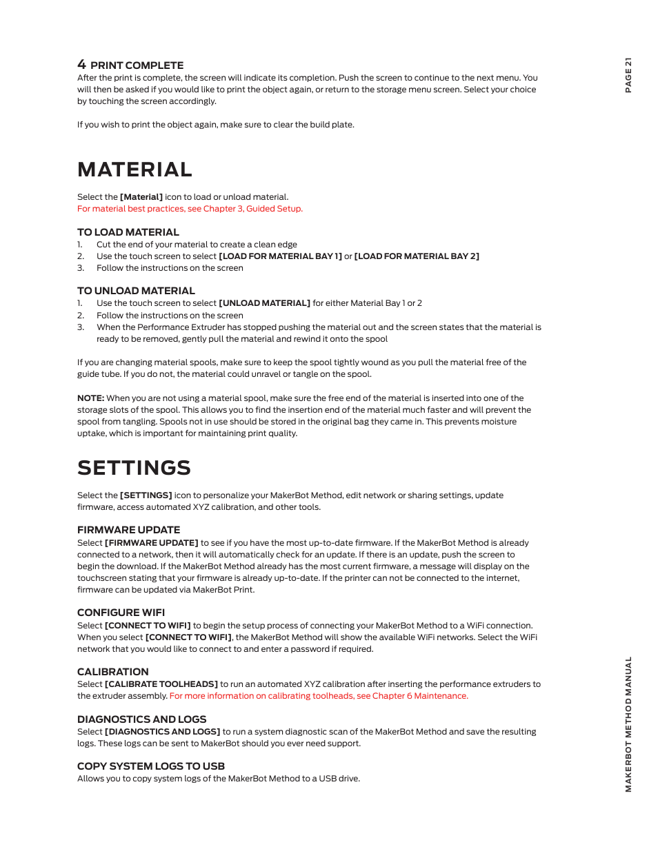 Material, Settings | MakerBot METHOD X 3D Printer User Manual | Page 21 / 28