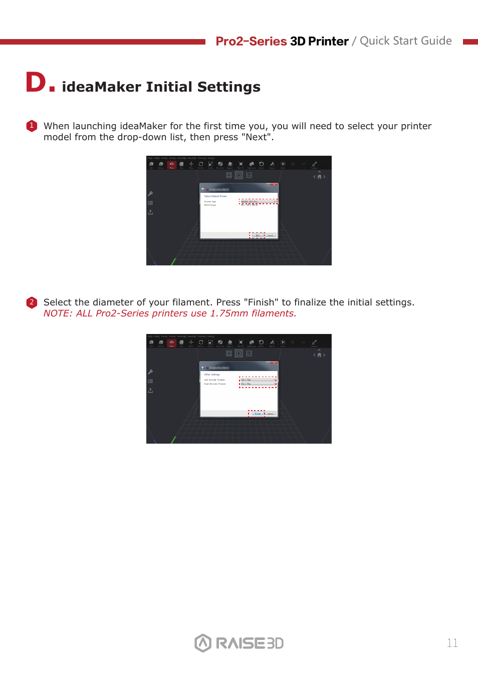 Ideamaker initial settings | Raise 3D Pro2 Plus Large Format 3D Printer User Manual | Page 13 / 31