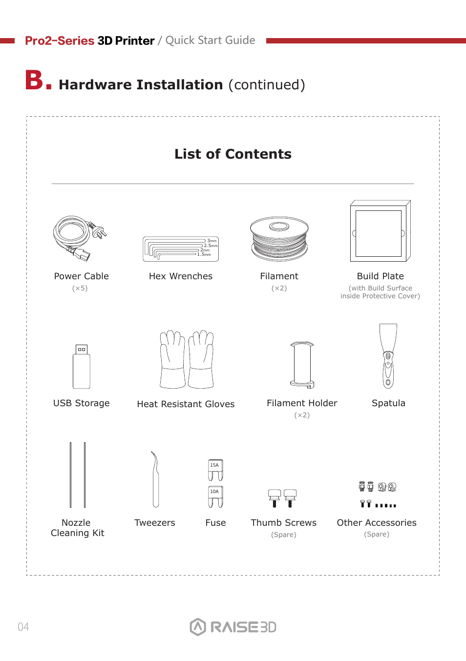 Hardware installation (continued), List of contents | Raise 3D Pro2 Plus Large Format 3D Printer User Manual | Page 6 / 31