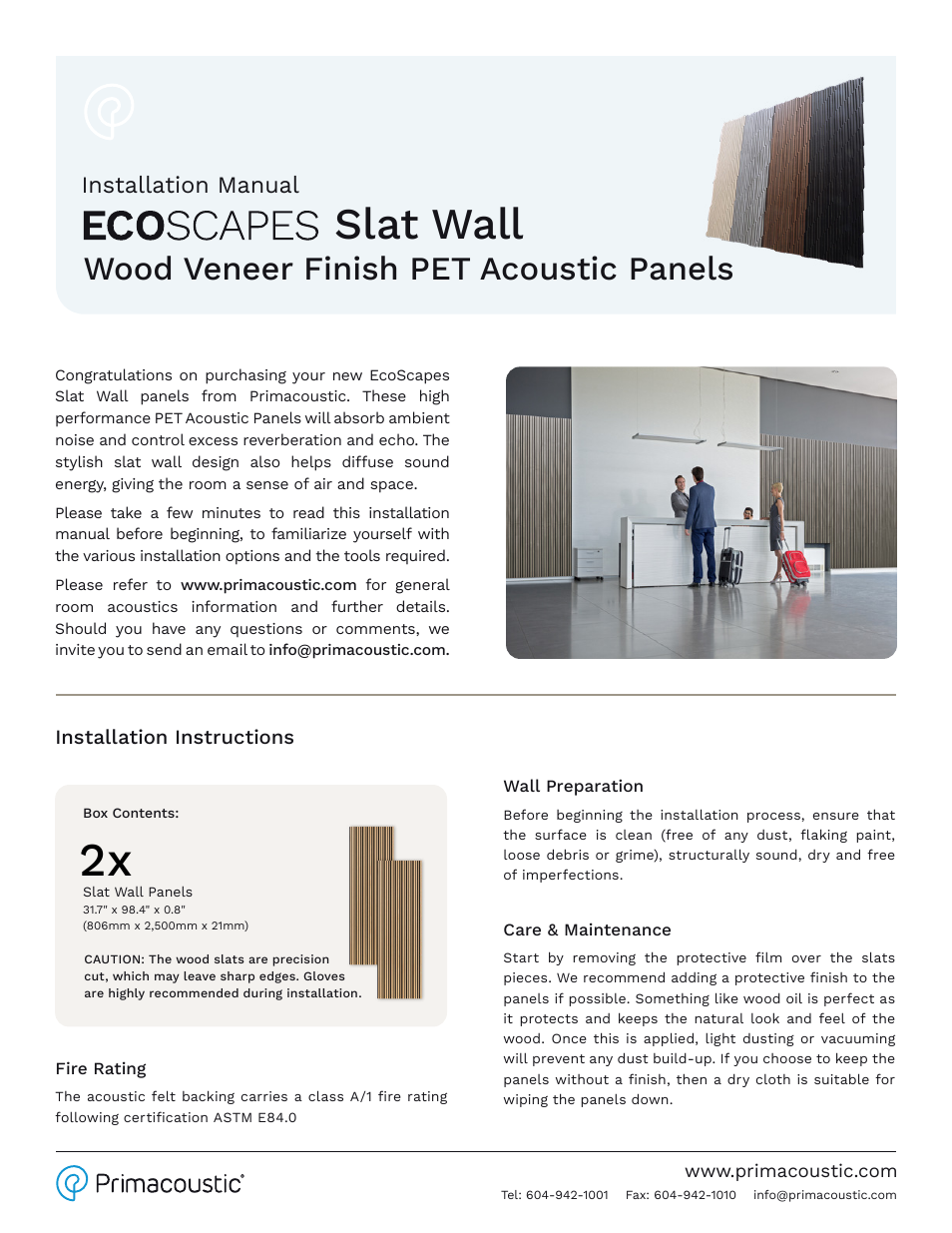 Primacoustic EcoScapes Slat Wall (98 x 32", Oak, 2-Pack) User Manual | 4 pages