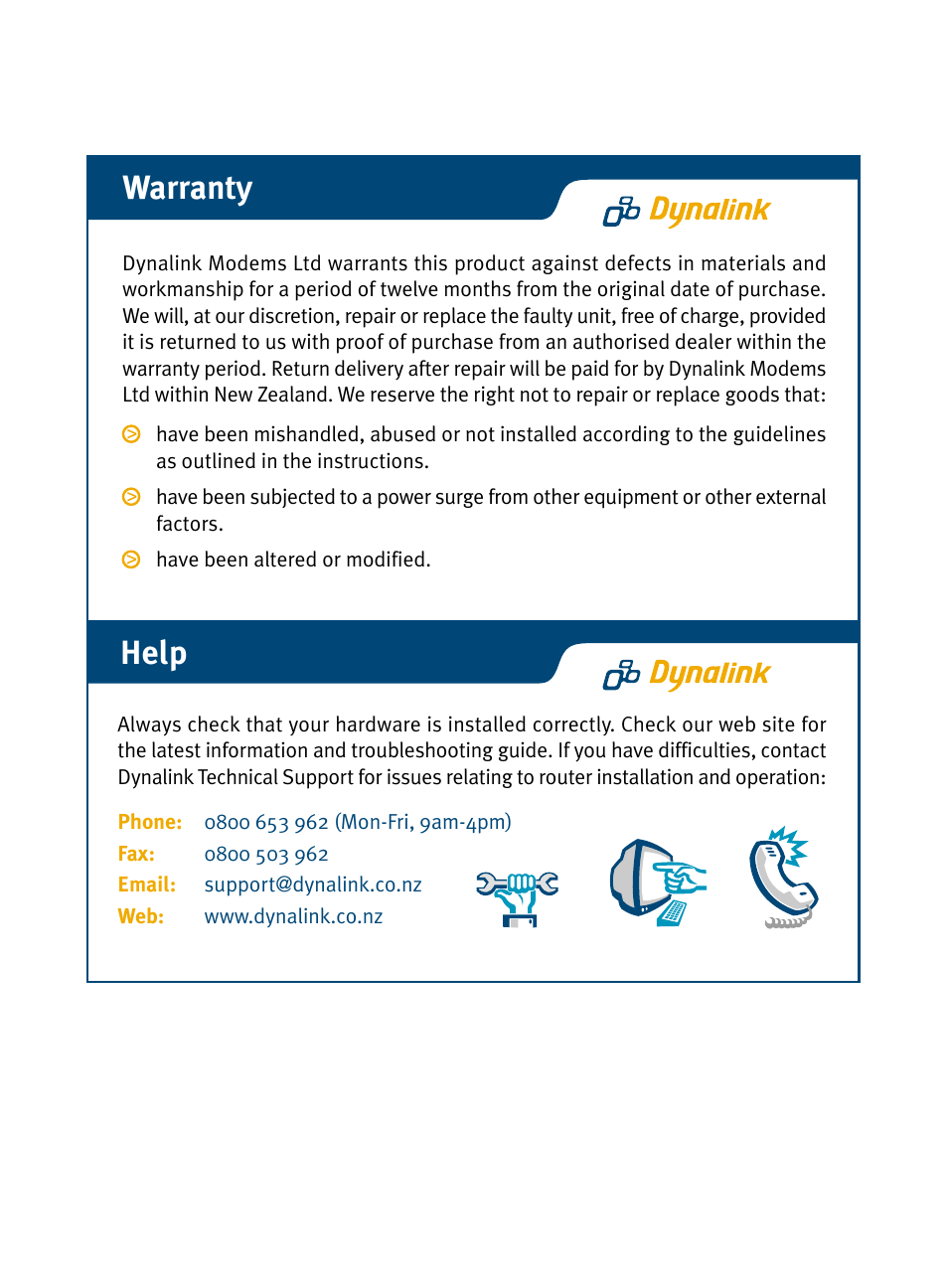 Warranty, Help | Dynalink RTA210 User Manual | Page 14 / 14