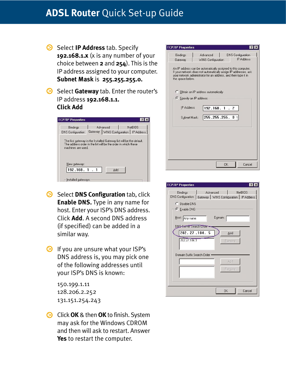 Adsl router quick set-up guide | Dynalink RTA210 User Manual | Page 5 / 14