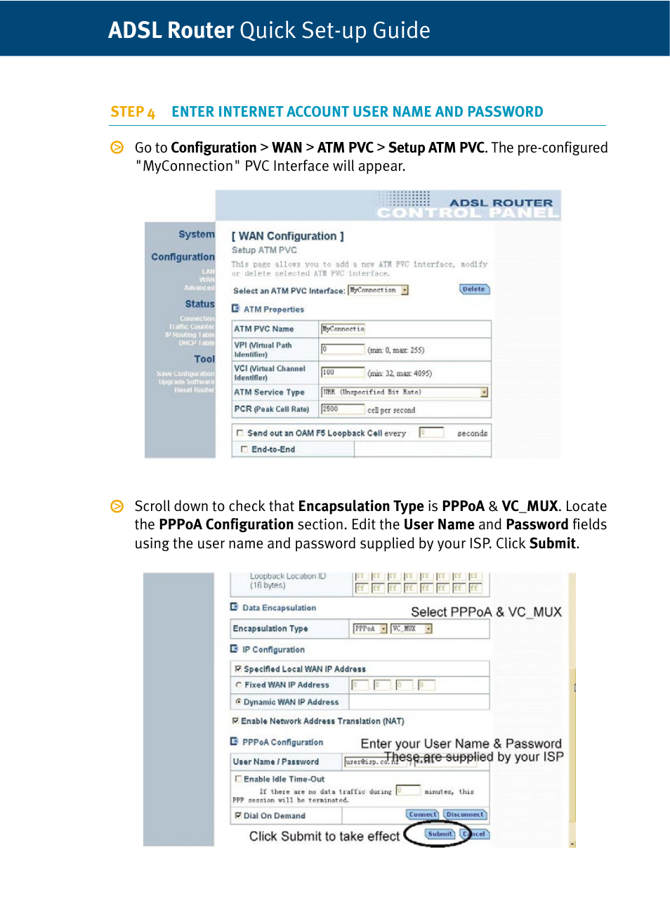 Adsl router quick set-up guide | Dynalink RTA210 User Manual | Page 7 / 14