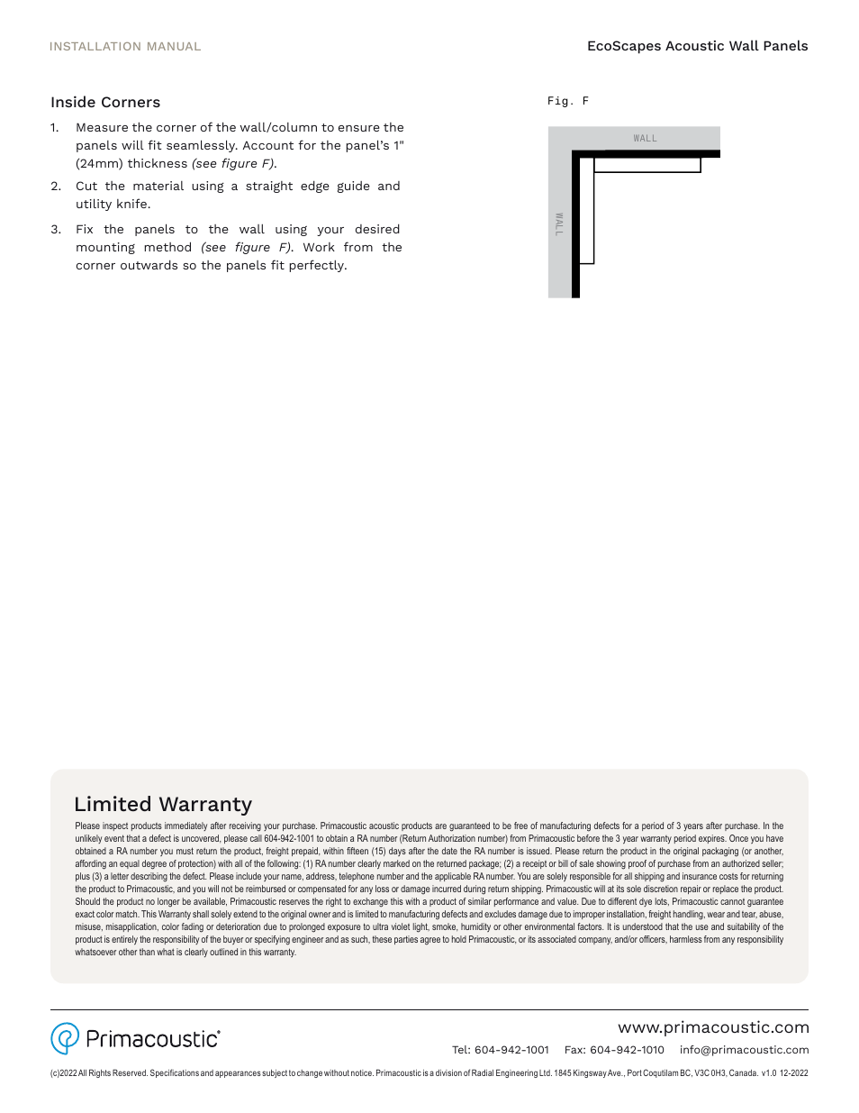 Limited warranty, Inside corners | Primacoustic EcoScapes Beveled Acoustic Wall Panels (Cherry, 24 x 12 x 1", 12-Pack ) User Manual | Page 4 / 4