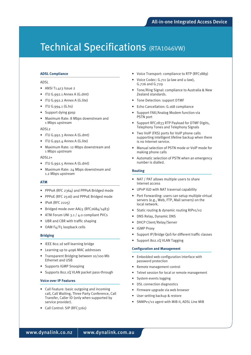 Technical specifications, Rta1046vw), All-in-one integrated access device | Dynalink ADSL2+ Wireless VoIP Router RTA1046VW User Manual | Page 2 / 3