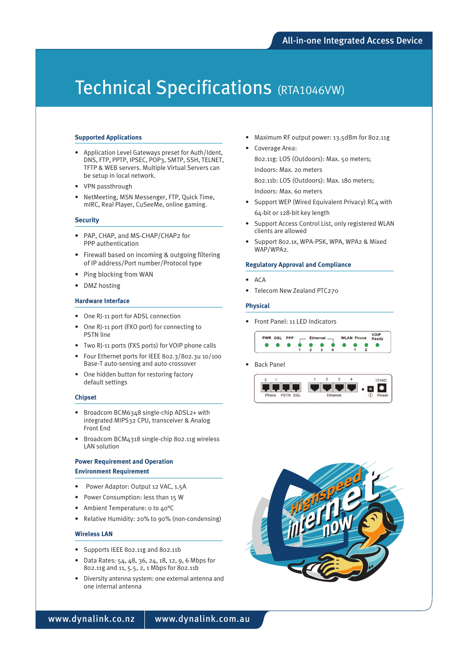 Technical specifications, Rta1046vw), All-in-one integrated access device | Dynalink ADSL2+ Wireless VoIP Router RTA1046VW User Manual | Page 3 / 3