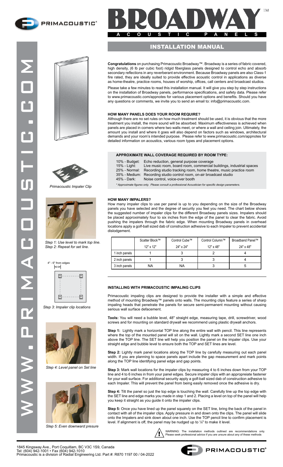 Primacoustic Broadband Beveled Edge Acoustic Panels (Linen, 24 x 48 x 2", 6-Pack) User Manual | 2 pages