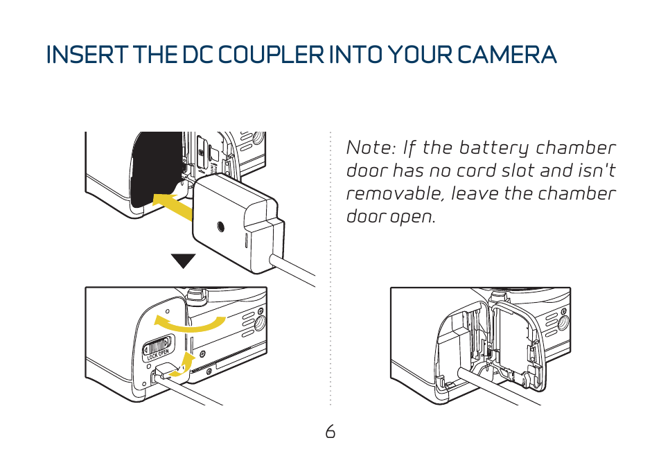 Insert the dc coupler into your camera | Watson CBA-C1 AC Adapter and DC Coupler Replaces LP-E6N Battery User Manual | Page 6 / 8