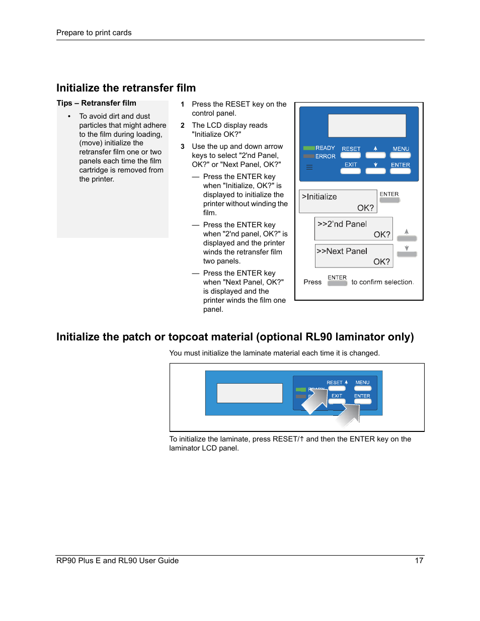 Initialize the retransfer film, Optional rl90 laminator only), Initialize the | Datacard Group RL90 User Manual | Page 23 / 89