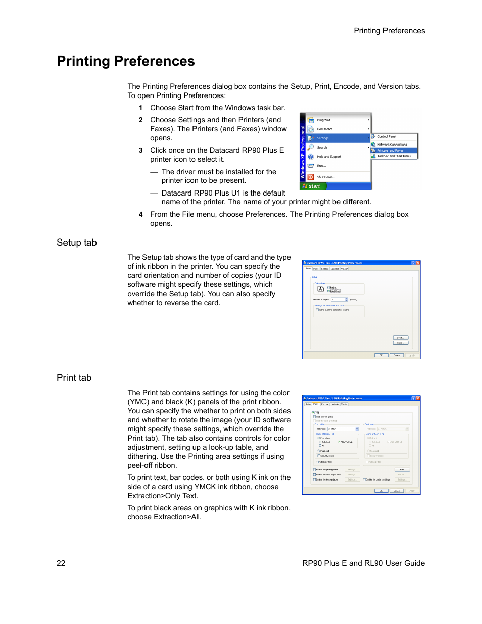 Printing preferences | Datacard Group RL90 User Manual | Page 28 / 89