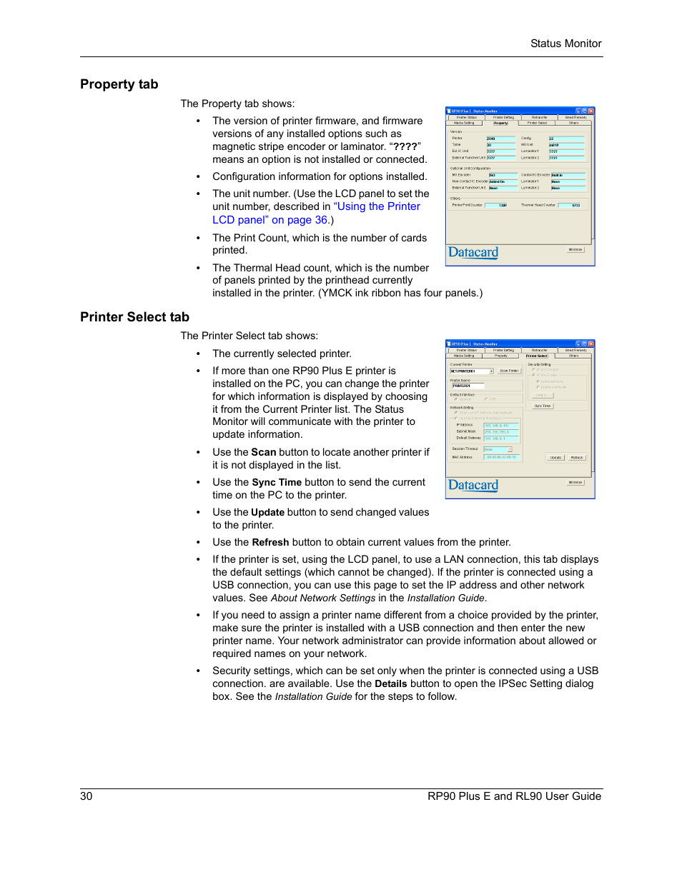 Property tab, Printer select tab, Property tab printer select tab | Datacard Group RL90 User Manual | Page 36 / 89
