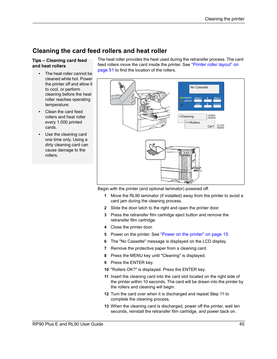 Cleaning the card feed rollers and heat roller, Cleaning the card feed rollers | Datacard Group RL90 User Manual | Page 51 / 89