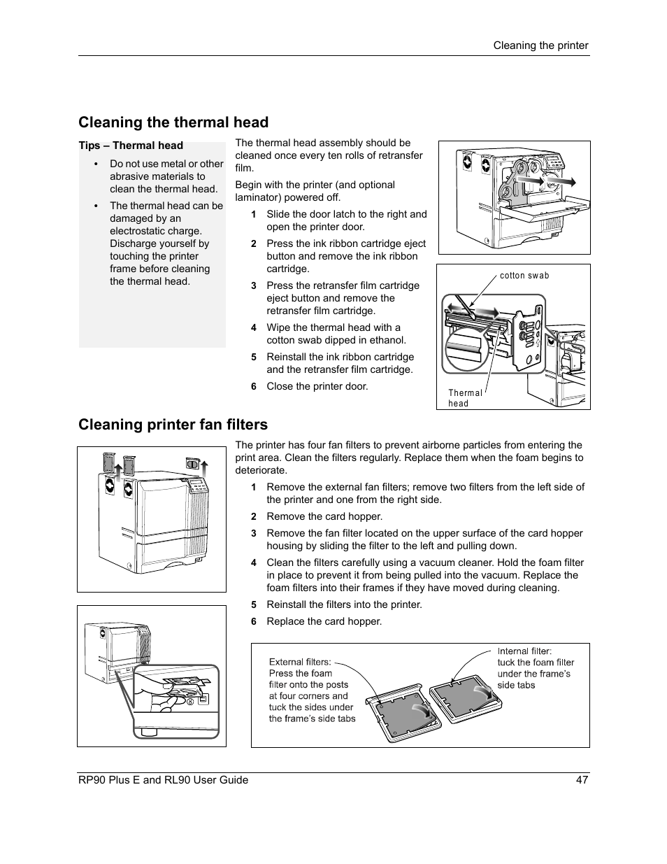 Cleaning the thermal head, Cleaning printer fan filters | Datacard Group RL90 User Manual | Page 53 / 89