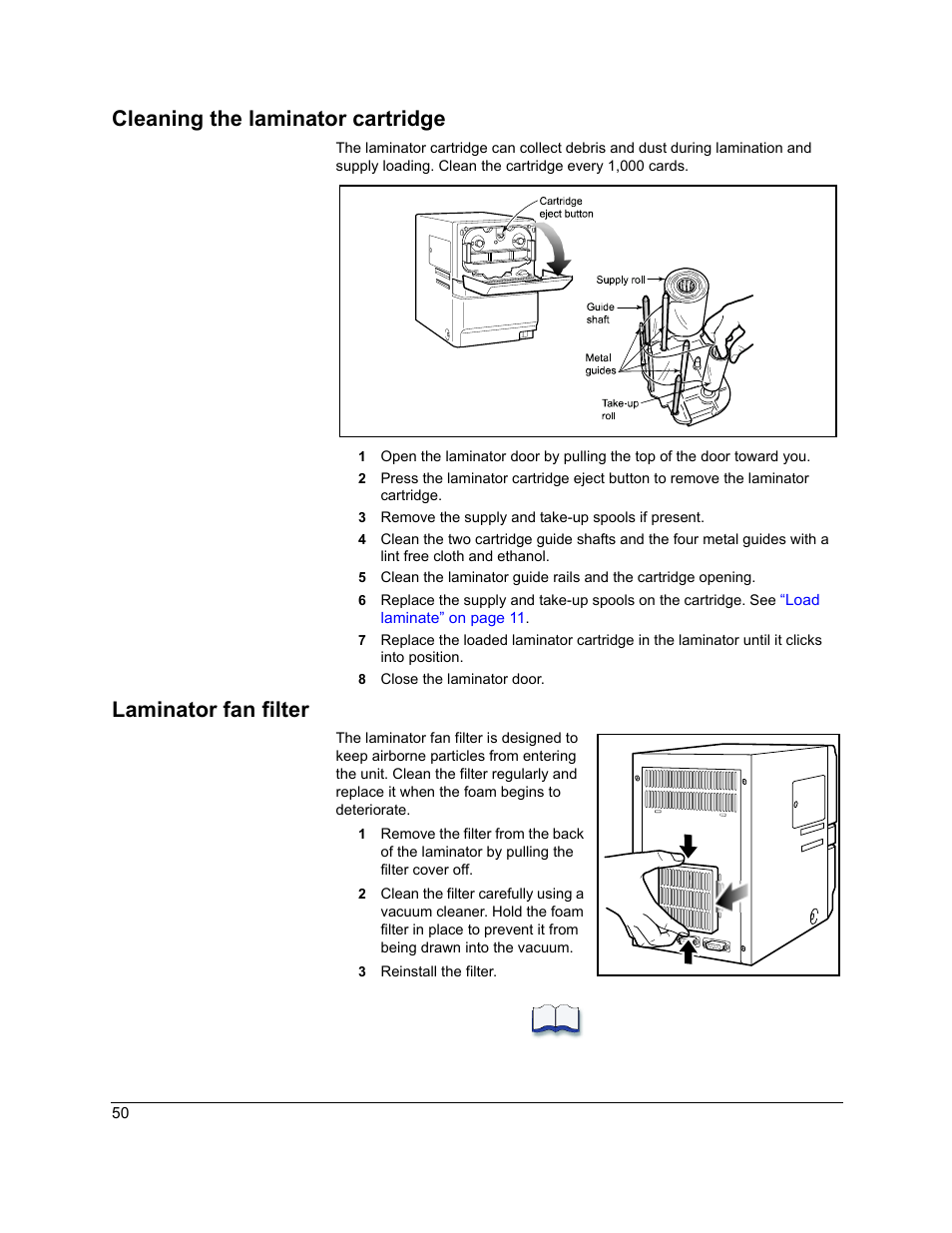 Cleaning the laminator cartridge, Laminator fan filter | Datacard Group RL90 User Manual | Page 56 / 89