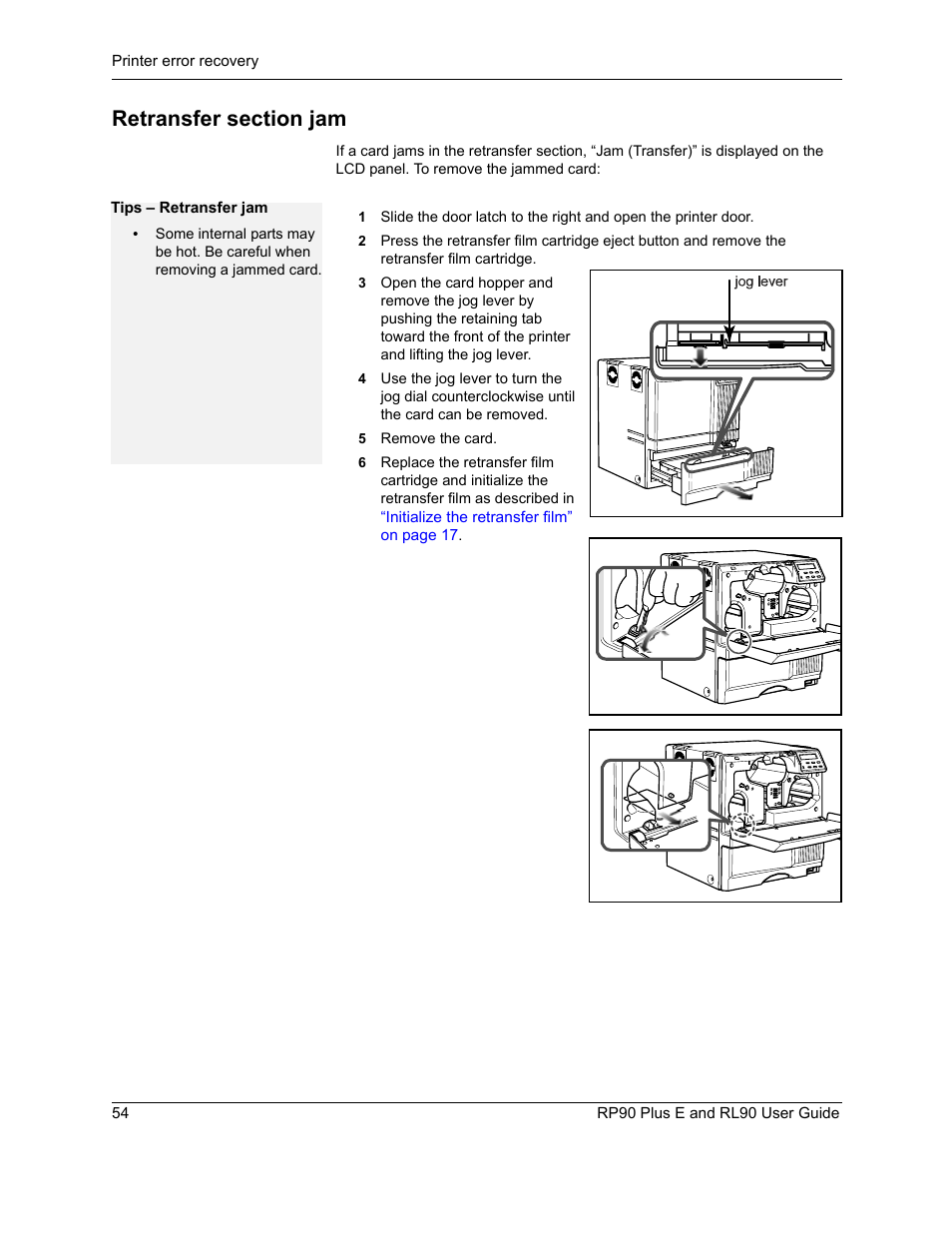 Retransfer section jam | Datacard Group RL90 User Manual | Page 60 / 89