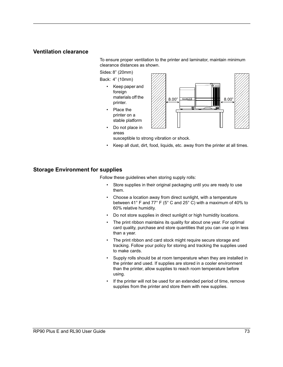 Ventilation clearance, Storage environment for supplies, Storage | Datacard Group RL90 User Manual | Page 79 / 89