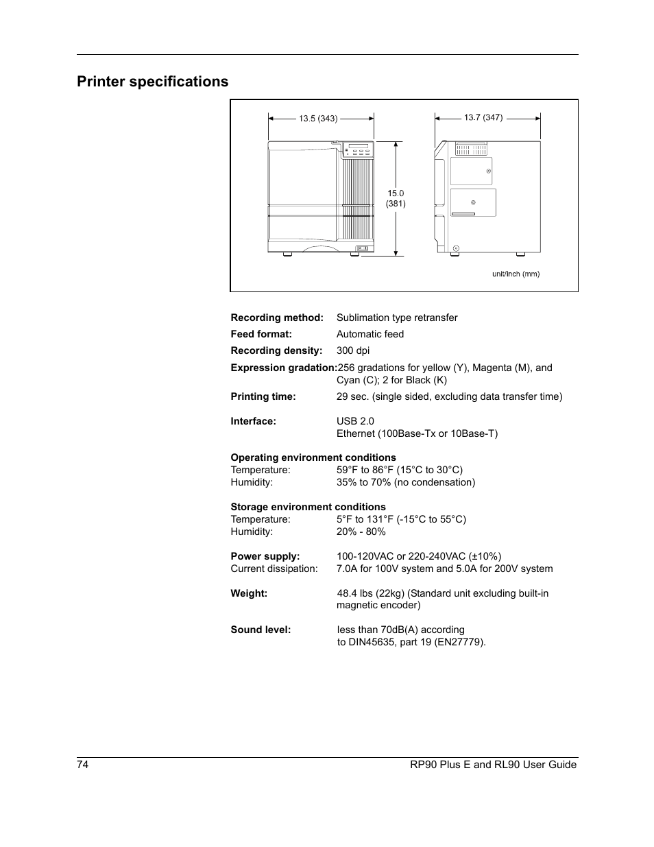 Printer specifications | Datacard Group RL90 User Manual | Page 80 / 89