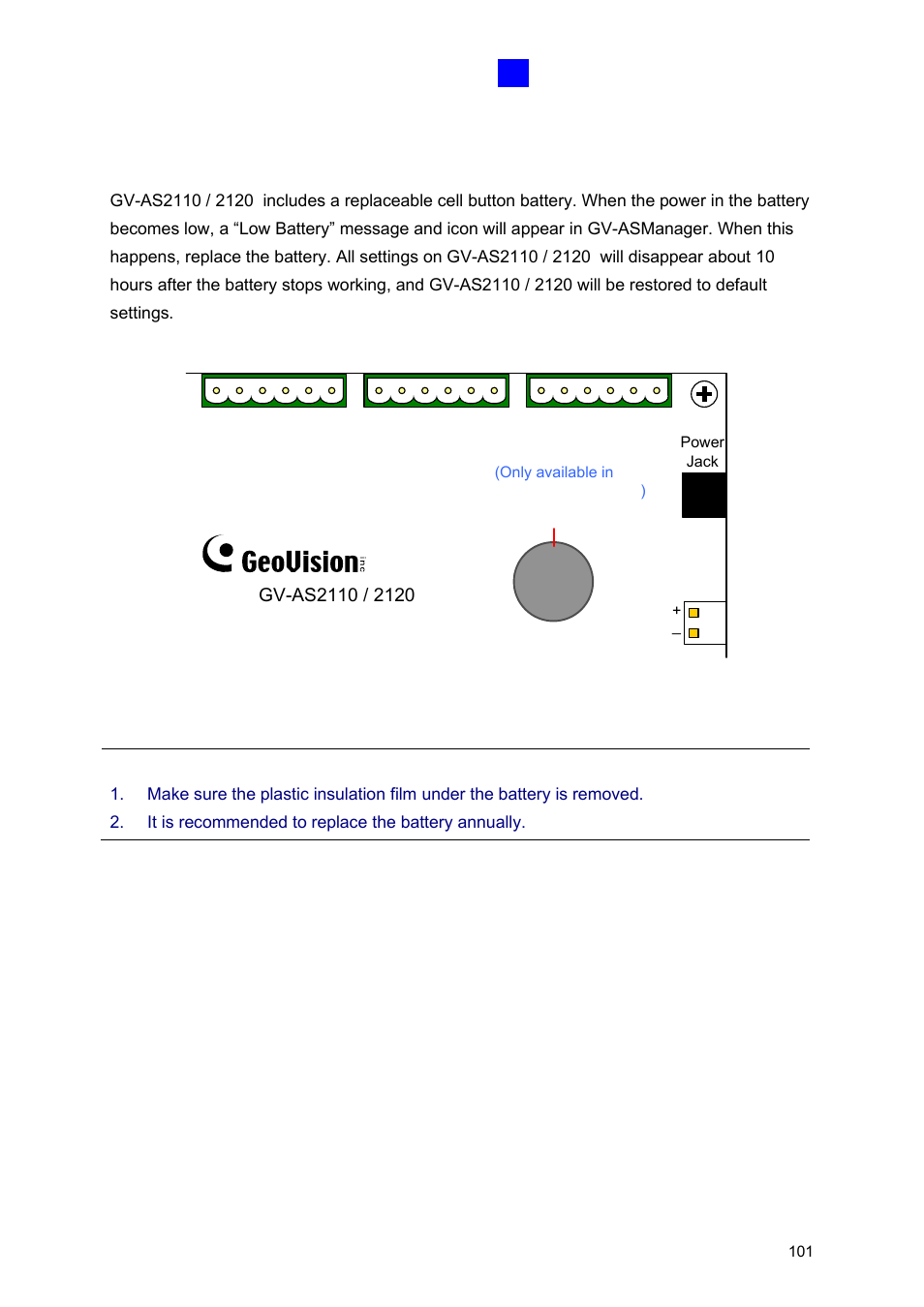 7 fitting the battery (gv-as2110 / 2120 only) | GeoVision GV-AS2120 IP Control Panel User Manual | Page 103 / 230