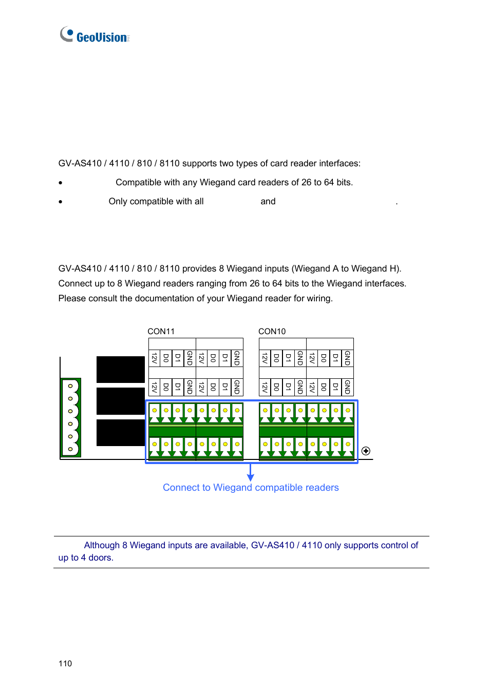 2 installation, 1 connecting card readers, A wiegand readers | Connect to wiegand compatible readers | GeoVision GV-AS2120 IP Control Panel User Manual | Page 112 / 230