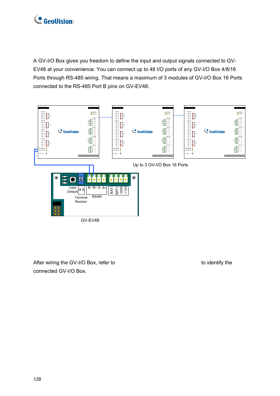 2 connecting gv-i/o boxes, Gv-ev48, Up to 3 gv-i/o box 16 ports | Load default | GeoVision GV-AS2120 IP Control Panel User Manual | Page 130 / 230