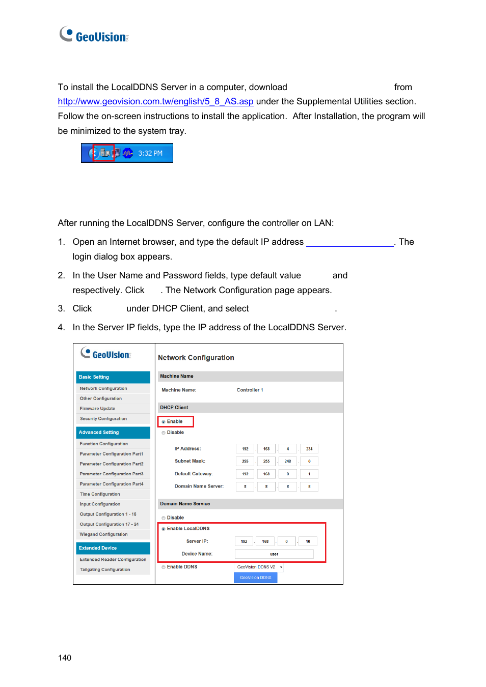 Installing localddns server, Configuring controller on lan | GeoVision GV-AS2120 IP Control Panel User Manual | Page 142 / 230