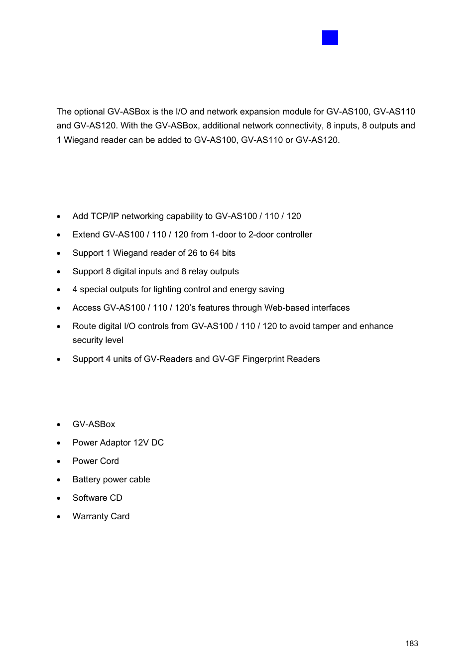 1 optional gv-asbox, 1 main features, 2 packing list | GeoVision GV-AS2120 IP Control Panel User Manual | Page 185 / 230