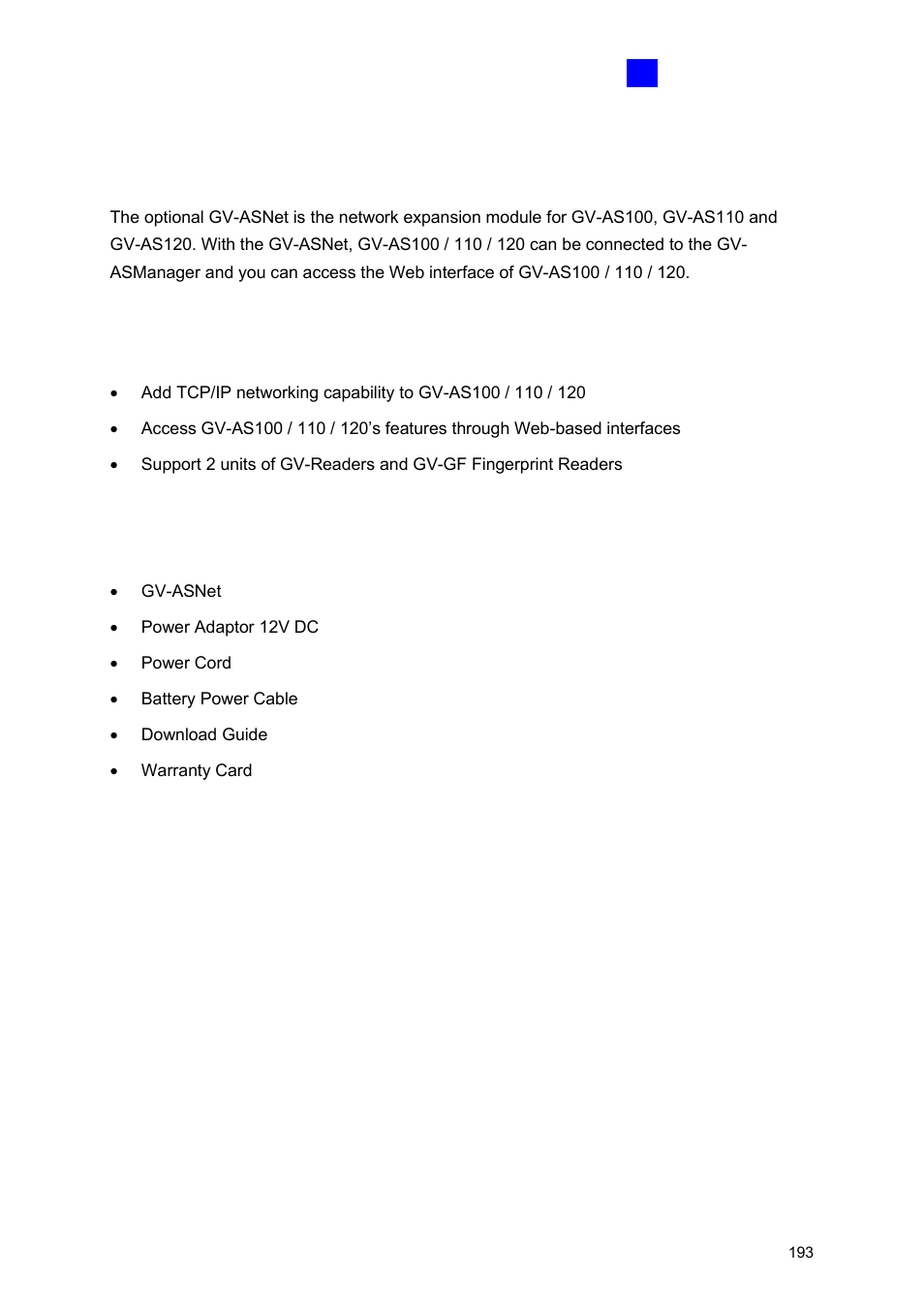 2 optional gv-asnet, 1 main features, 2 packing list | GeoVision GV-AS2120 IP Control Panel User Manual | Page 195 / 230