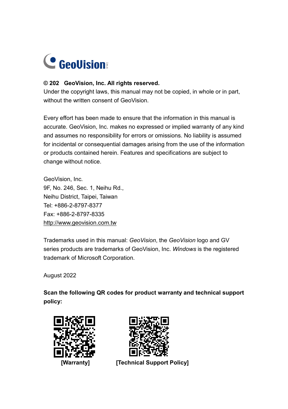 GeoVision GV-AS2120 IP Control Panel User Manual | Page 2 / 230