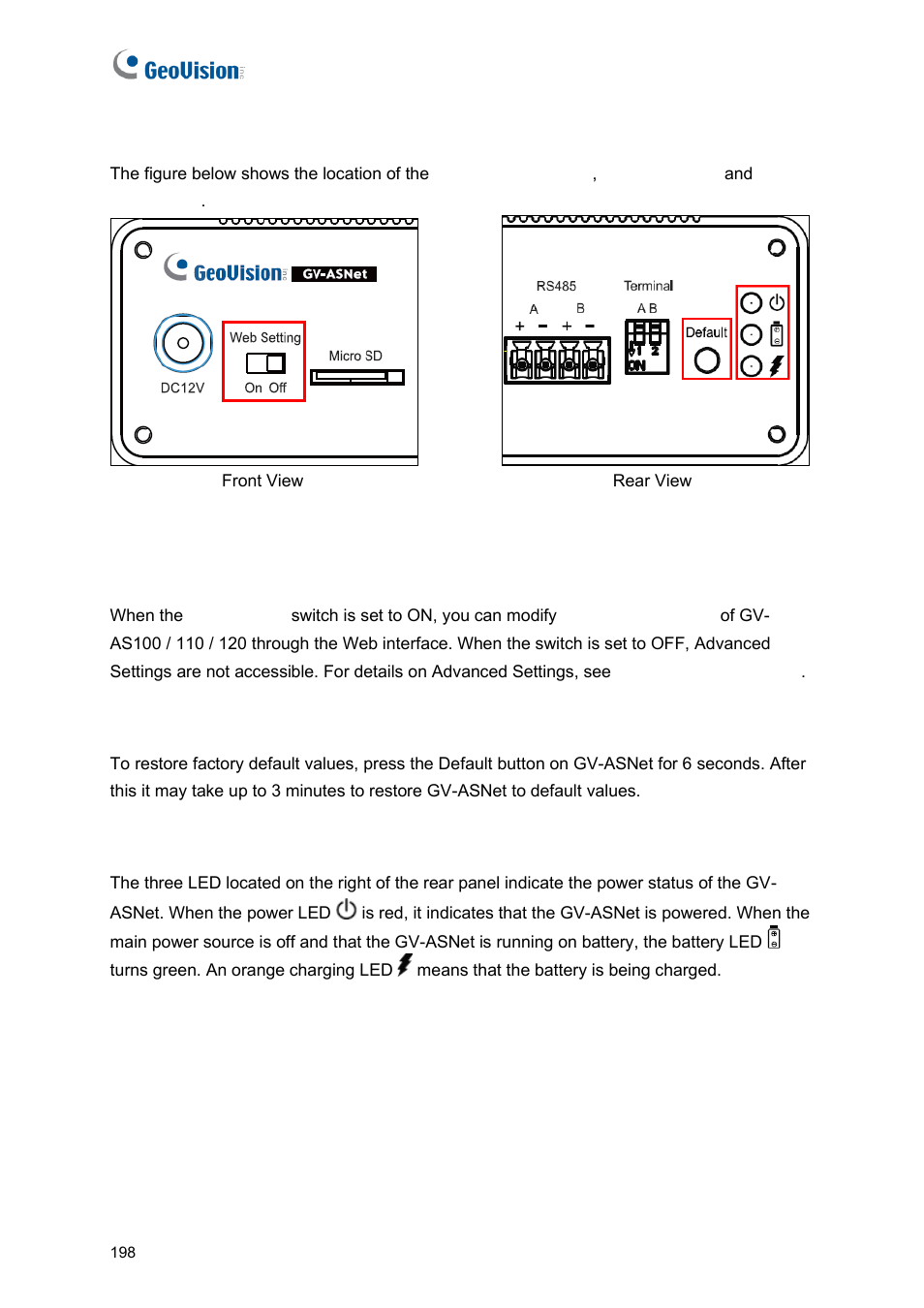 D other settings, D.a web setting switch, D.b restoring factory defaults | D.c power status led | GeoVision GV-AS2120 IP Control Panel User Manual | Page 200 / 230