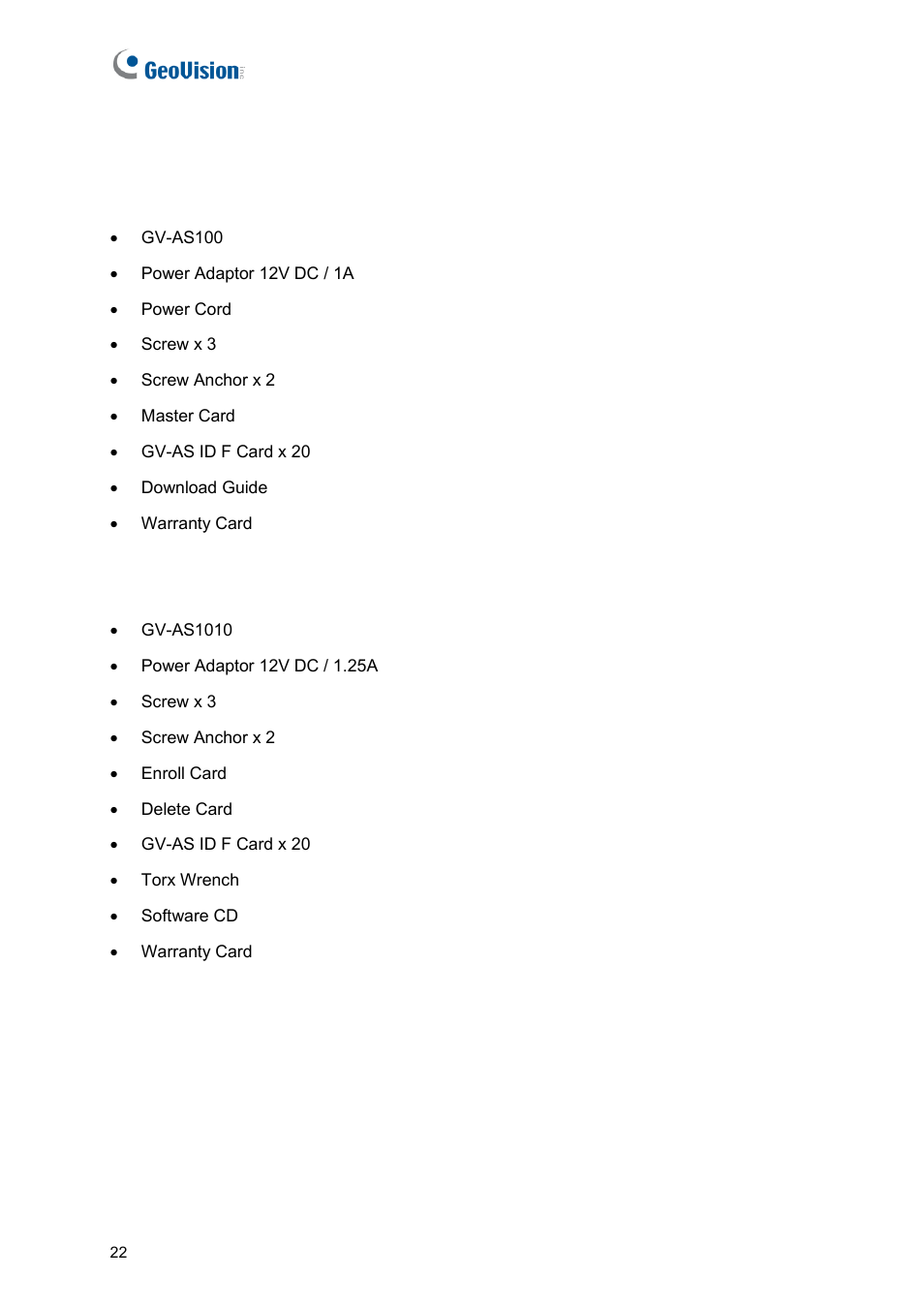 2 packing list | GeoVision GV-AS2120 IP Control Panel User Manual | Page 24 / 230