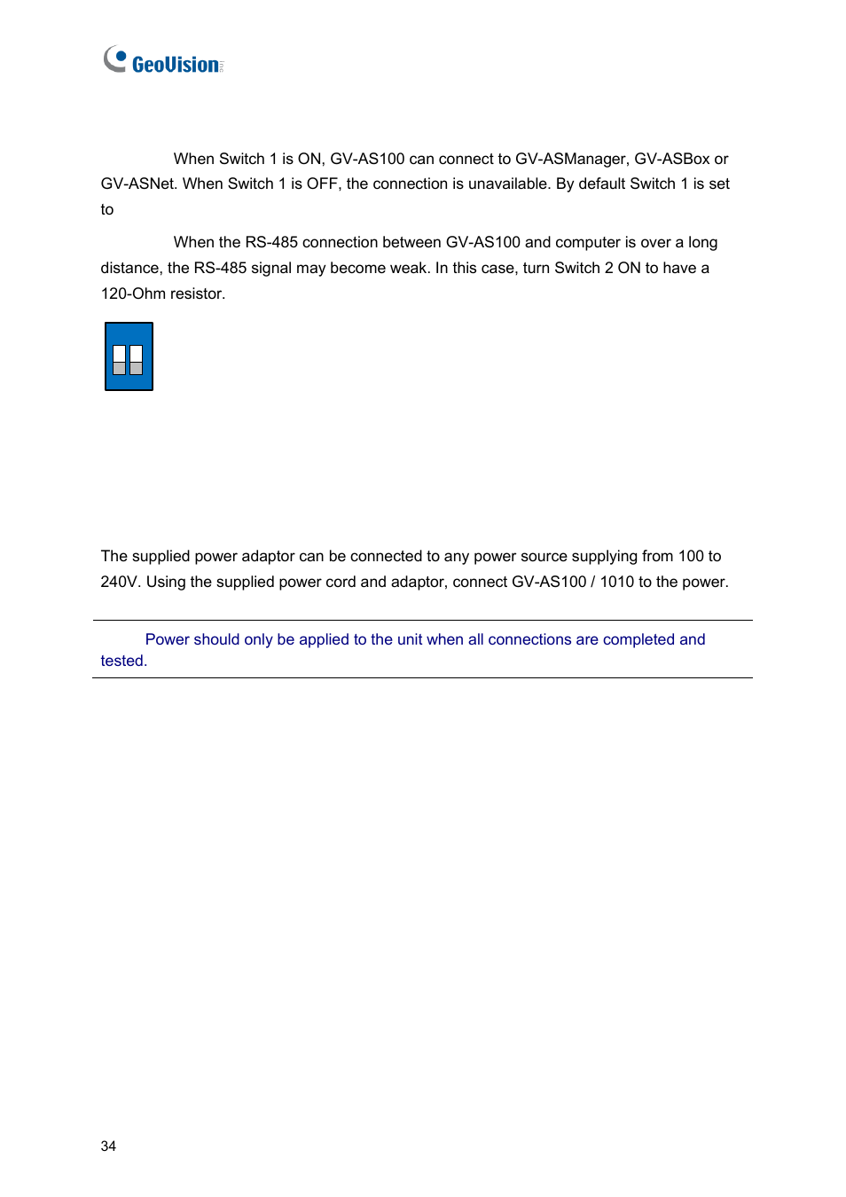 C switches (gv-as100 only), 5 connecting the power | GeoVision GV-AS2120 IP Control Panel User Manual | Page 36 / 230