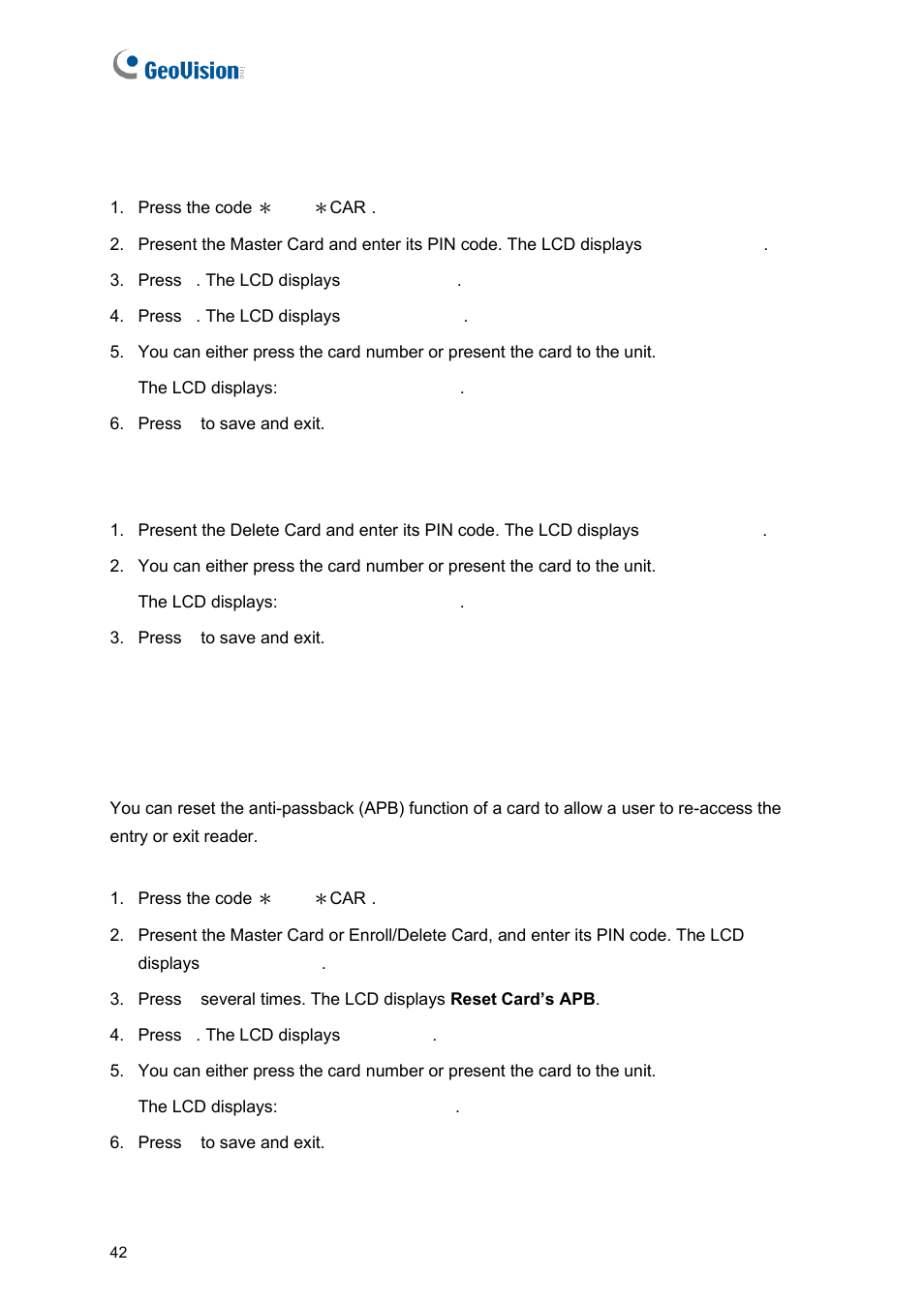 B deleting a card, 3 resetting the apb function | GeoVision GV-AS2120 IP Control Panel User Manual | Page 44 / 230