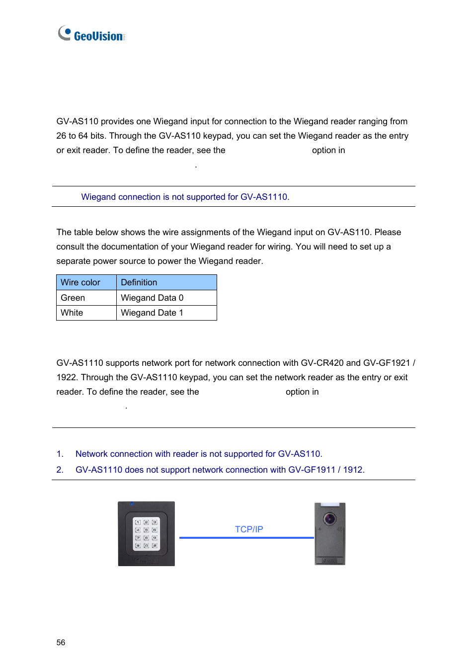 1 connecting card readers, A wiegand readers (gv-as110 only), B network readers (gv-as1110 only) | GeoVision GV-AS2120 IP Control Panel User Manual | Page 58 / 230